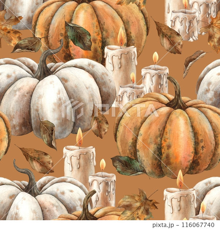Pattern of pumpkins, wax candles and autumn leaves. Hand drawn watercolor pattern on an orange background. For design, cards or packaging for fall holidays, Thanksgiving, Halloween, witchcraft 116067740