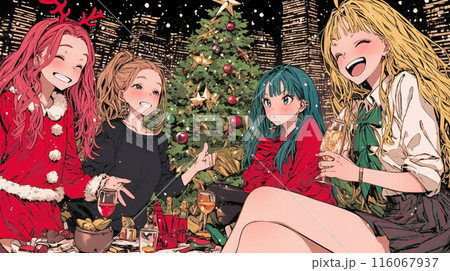 クリスマス女子会：クリスマスツリーを前で飲んで食べて大はしゃぎ