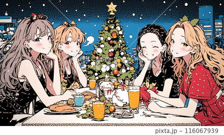 クリスマス女子会：クリスマスツリーを前で飲んで食べて大はしゃぎ