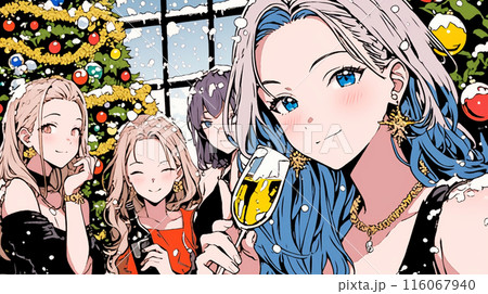 クリスマス女子会：クリスマスツリーを前で飲んで食べて大はしゃぎ