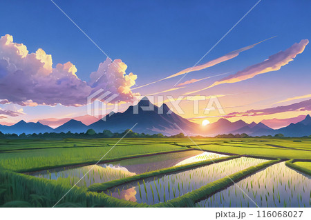 夕暮れの田んぼと背景の山のイラスト 116068027