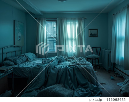 A dimly lit bedroom with blue tones, featuring an unmade bed, white curtains, a chair, and scattered items. 116068483