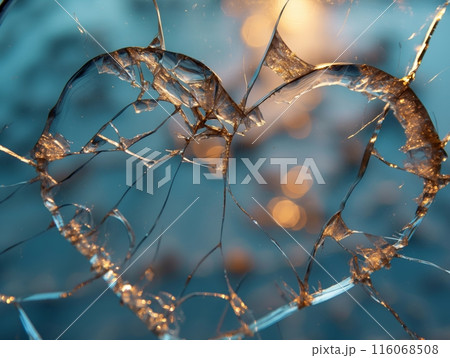A heart-shaped crack in glass, with a blue background and warm bokeh lights shining through. 116068508