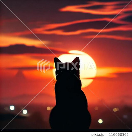 夕焼け) 猫黒猫ドローイング原画絵画イラスト