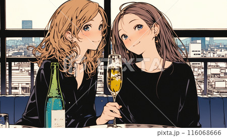 昼間の女子会：昼間からスパークリングワインを飲む仲良しな二人