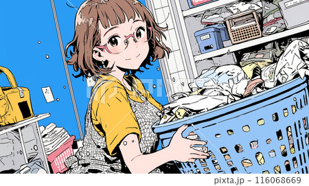 たくさんの洗濯をしている若い奥さん