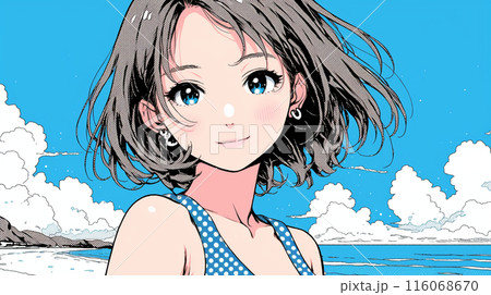 青い空と青い海と入道雲とビキニを着た女性