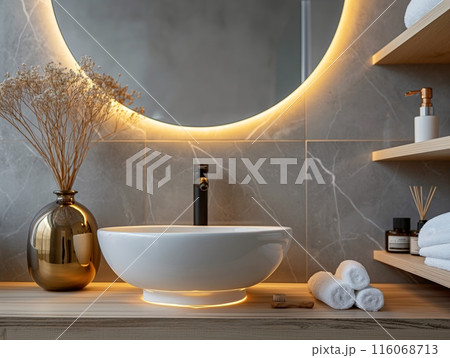 A stylish bathroom features a round illuminated mirror, a white vessel sink, a gold vase with dried flowers, and neatly rolled towels on wooden shelves. A stylish bathroom features a round illuminated mirror, a white vessel sink, a gold vase with dried flowers, and neatly rolled towels on wooden shelves. 116068713