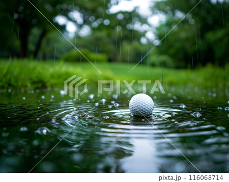 A golf ball floats in a puddle as raindrops create ripples, with a lush green field in the background. A golf ball floats in a puddle as raindrops create ripples, with a lush green field in the background. 116068714