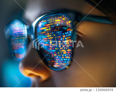 Close-up of a person's glasses reflecting colorful lines of computer code, highlighting focus and concentration. 116068859