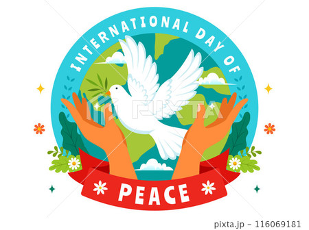 International Peace Day Vector Illustration with Hands, Pigeon, Globe, and Blue Sky to Promote Prosperity in the World in a Flat Cartoon Background 116069181