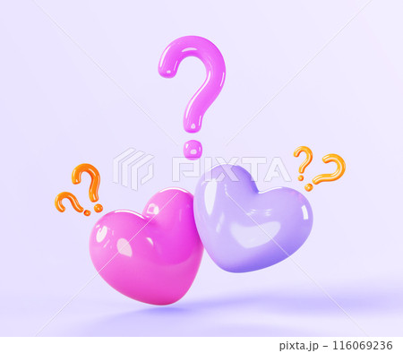 3d pink and purple heart balloons with question mark icons render background. Valentine banner with signs of faq, search for love. Concept of psychotherapy or relationship problems. 3D illustration 3d pink and purple heart balloons with question mark icons render background. Valentine banner with signs of faq, search for love. Concept of psychotherapy or relationship problems. 3D illustration 116069236