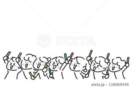 コンサートで熱狂的に盛り上がる人々 ペンライト 男女 若い 歓声 上半身 シンプルな線画イラスト コンサートで熱狂的に盛り上がる人々 ペンライト 男女 若い 歓声 上半身 シンプルな線画イラスト 116069540
