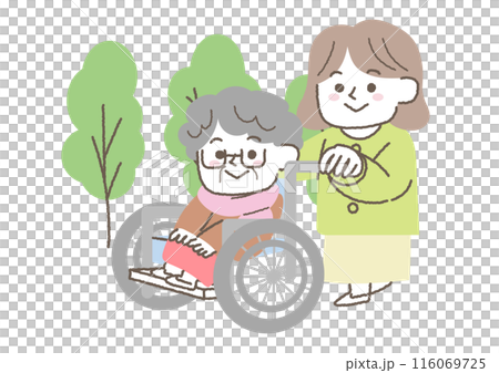 Senior woman in a wheelchair and a woman pushing her 116069725