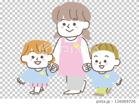 A nursery teacher walking with a child, holding hands 116069726