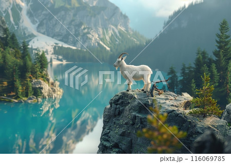 A goat is sitting on a rock overlooking a body of water with Generative AI 116069785