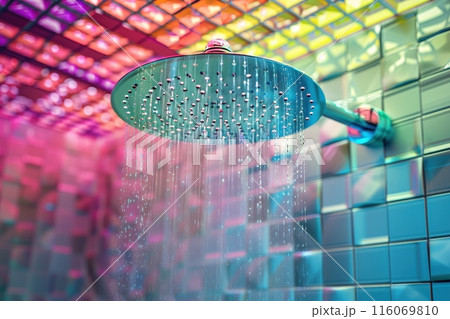 rainbow colored shower head is spraying water with Generative AI 116069810