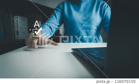 Satisfaction concept of customer, express their opinions, answers and satisfied scores, client is satisfied with pressing 5 stars icon, excellent service, good feedback from user Satisfaction concept of customer, express their opinions, answers and satisfied scores, client is satisfied with pressing 5 stars icon, excellent service, good feedback from user 116070150
