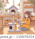 キャットタワーで遊んでる猫とそれを見守る少女 116070254