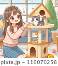 キャットタワーで遊んでる猫とそれを見守る少女 116070256