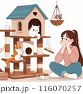 キャットタワーで遊んでる猫とそれを見守る少女 116070257
