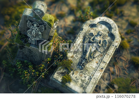 cemetery with a stone angel statue and a tombstone with Generative AI 116070278
