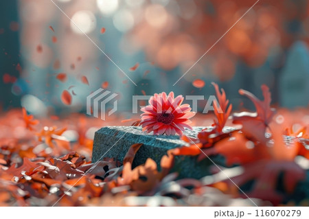 A pink flower is on top of a stone with Generative AI 116070279