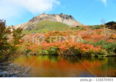 紅葉真っ盛り那須岳、姥ヶ平ひょうたん池から茶臼岳を望む 116070403