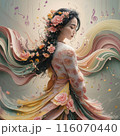 パステルカラーの花のドレスと音符を纏う女性 116070440