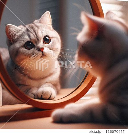 鏡をみて不思議そうに首をかしげる猫 116070455