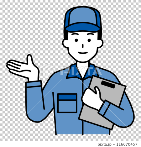 資料を持って説明するつなぎ作業服の男性 116070457