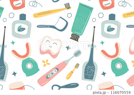 Vector illustration pattern of dental tools. Cute icons of toothbrush, toothpaste, floss. Dental care flat design, oral health, and hygiene concepts. Seamless background with dental accessories 116070559