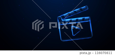 Movie film clap board icon. Glowing wireframe, linear and mesh illustration 116070811