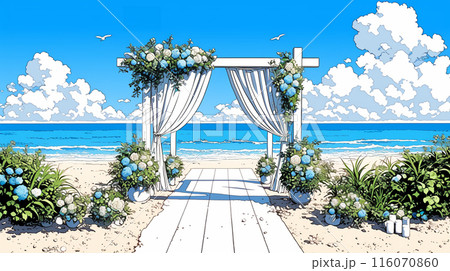 南国の海辺のバージンロード：青空と青い海が結婚する二人を祝福