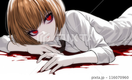 血塗られた赤い瞳の若い女性：サスペンスホラー