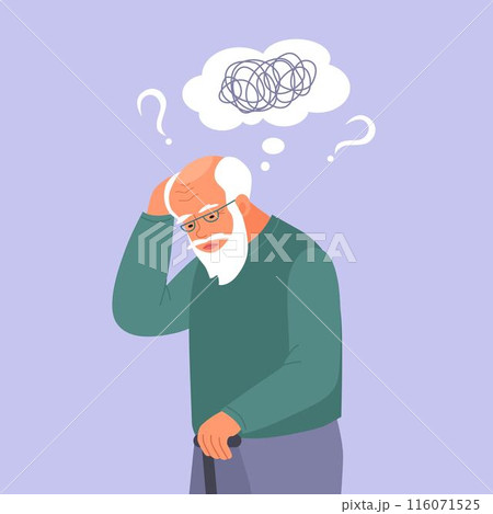Old man suffer from dementia loss memory. Senior male struggle with Alzheimer disease. Flat vector illustration. Old man suffer from dementia loss memory. Senior male struggle with Alzheimer disease. Flat vector illustration. 116071525