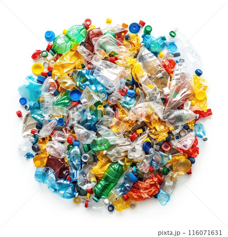 Mixed plastic waste, including colorful bottles and caps, isolated on white background. Useful for environmental awareness campaigns and waste management topics. 116071631