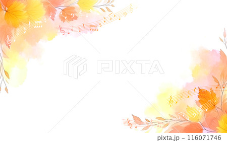 音符と秋の紅葉をイメージした水彩タッチのアブストラクト（生成AI、generated by AI）背 116071746