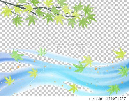 水彩風の緑のもみじと波線の背景イラスト 116071937