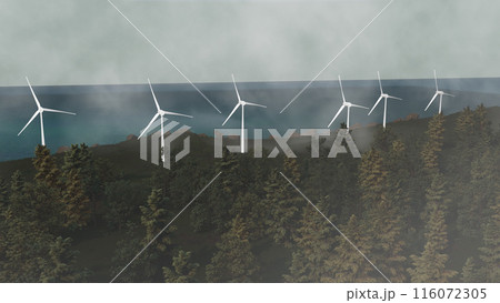 A group of wind turbines are lined up on a hillside next to a body of water A group of wind turbines are lined up on a hillside next to a body of water 116072305