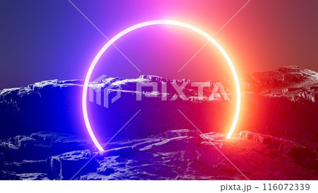 3d illustration Neon ring in volcanic landscape at night in desert 116072339