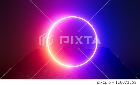 3d illustration Neon ring in the mountains at night 116072359