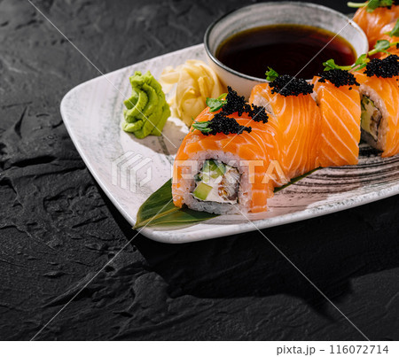 Elegant salmon sushi platter with caviar 116072714