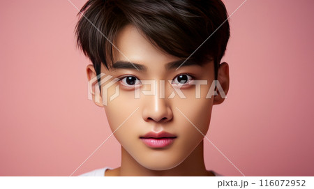 Portrait of a cute handsome happy Asian teenager guy with perfect skin, pink background, banner. 116072952