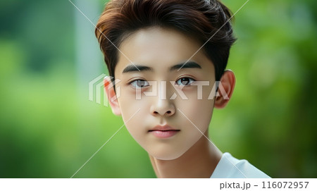 Portrait of a cute handsome happy Asian teenager guy with perfect skin, light green background, banner. 116072957