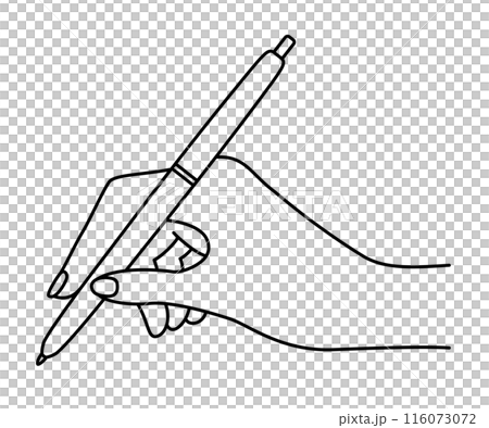 Line drawing illustration of a hand holding a pen Line drawing illustration of a hand holding a pen 116073072
