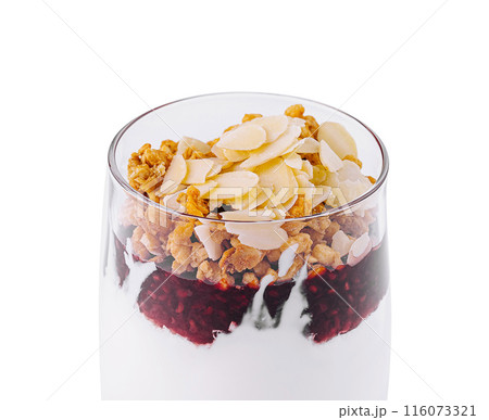 Layered yogurt parfait with berries and granola Layered yogurt parfait with berries and granola 116073321