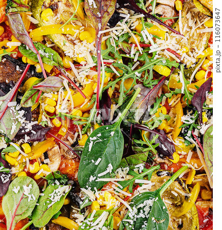 Vegetarian pizza with arugula, eggplant, mushrooms and corn Vegetarian pizza with arugula, eggplant, mushrooms and corn 116073647