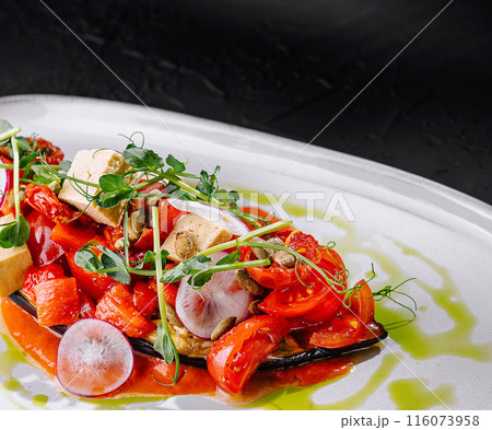 Gourmet stuffed pepper on elegant plate Gourmet stuffed pepper on elegant plate 116073958