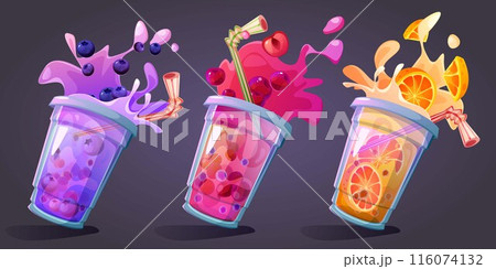 Bubble tea or juice cocktail with splashes Bubble tea or juice cocktail with splashes 116074132